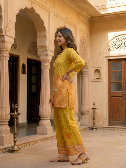 Abstract Printed Straight Fit Co-ord Set - Mustard