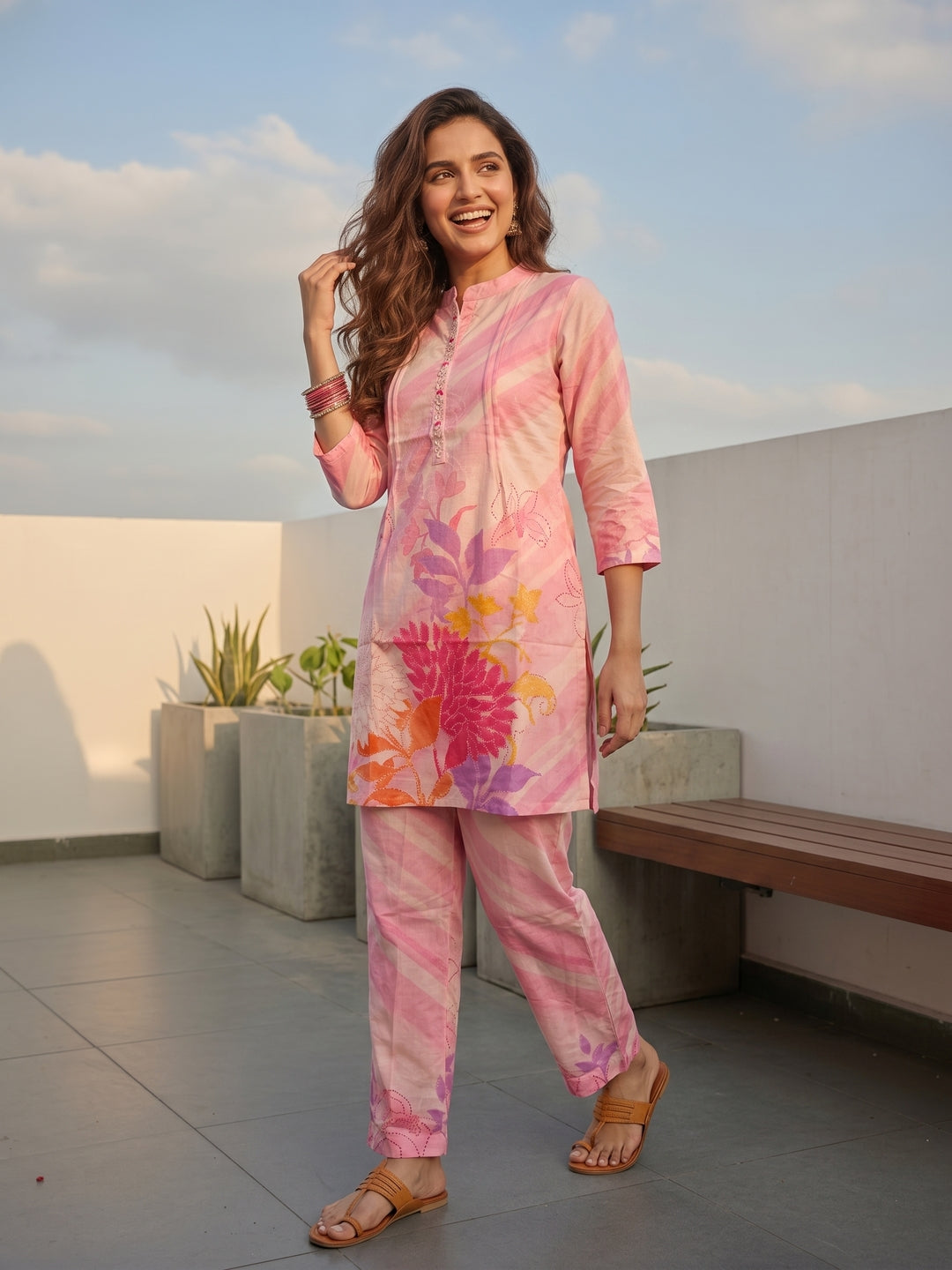 Abstract Floral Printed Embroidered Straight Fit Co-ord Set - Pink