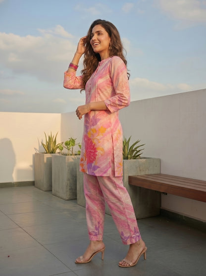 Abstract Floral Printed Embroidered Straight Fit Co-ord Set - Pink