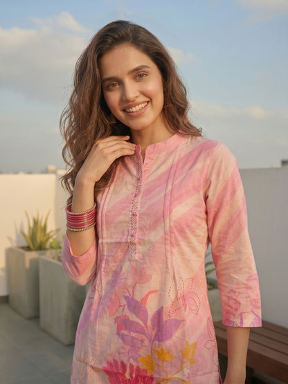 Abstract Floral Printed Embroidered Straight Fit Co-ord Set - Pink