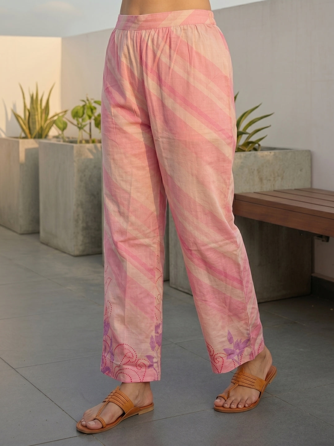 Abstract Floral Printed Embroidered Straight Fit Co-ord Set - Pink