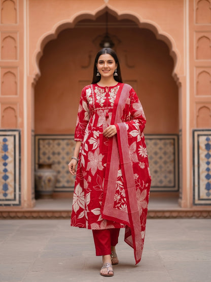 Floral Printed Kurta Set with Straight Pant & Dupatta - Red