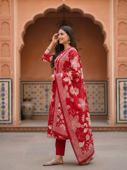 Floral Printed Kurta Set with Straight Pant & Dupatta - Red