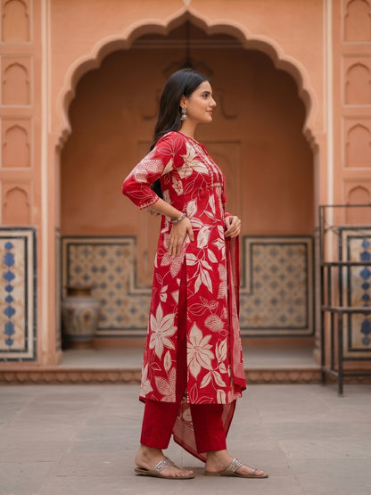 Floral Printed Kurta Set with Straight Pant & Dupatta - Red