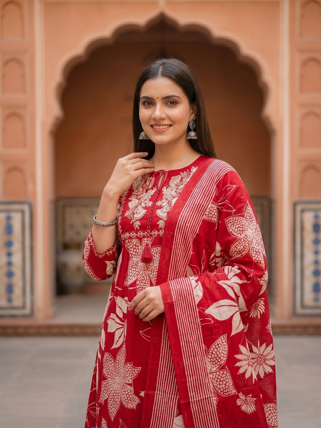Floral Printed Kurta Set with Straight Pant & Dupatta - Red