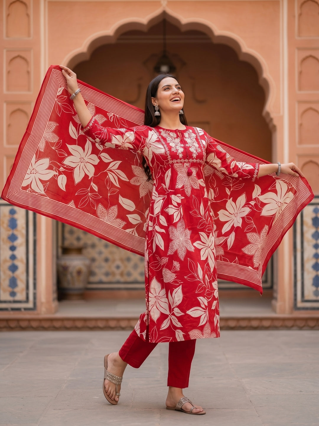 Floral Printed Kurta Set with Straight Pant & Dupatta - Red