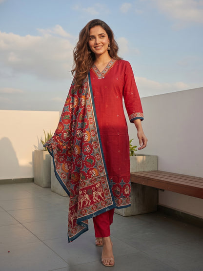 Patola Printed Straight Kurta with Pant & Dupatta - Red