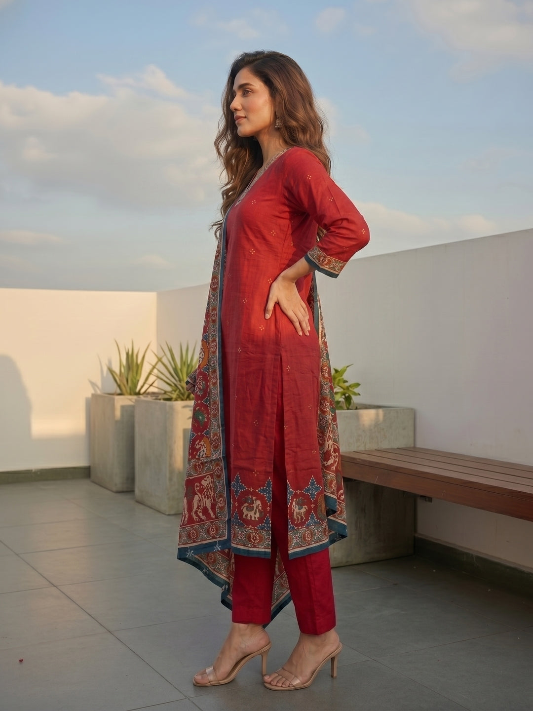 Patola Printed Straight Kurta with Pant & Dupatta - Red
