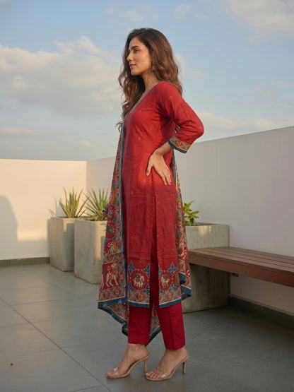 Patola Printed Straight Kurta with Pant & Dupatta - Red