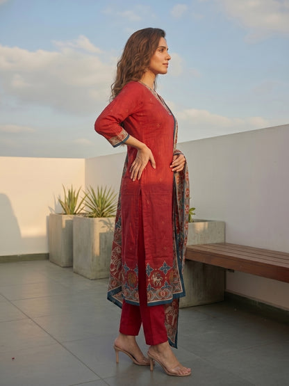 Patola Printed Straight Kurta with Pant & Dupatta - Red