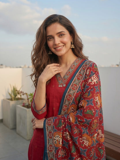 Patola Printed Straight Kurta with Pant & Dupatta - Red