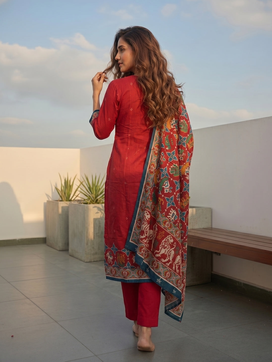 Patola Printed Straight Kurta with Pant & Dupatta - Red