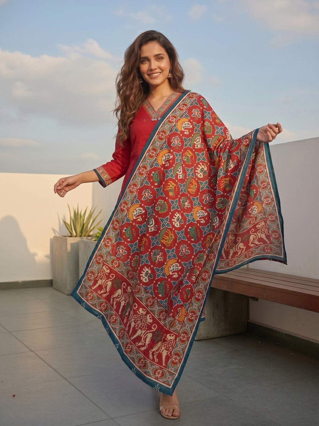 Patola Printed Straight Kurta with Pant & Dupatta - Red