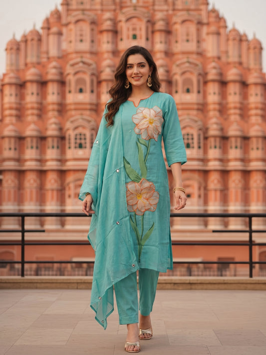 Solid Floral Appliqué Embroidered Straight Kurta with Pyjama & Dupatta - Blue