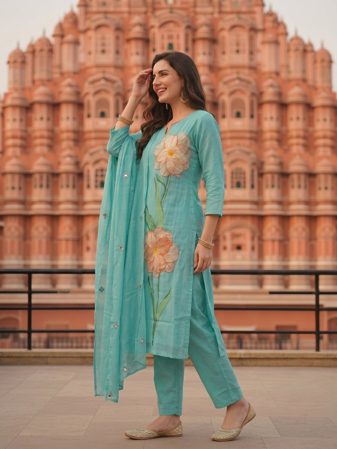 Solid Floral Appliqué Embroidered Straight Kurta with Pyjama & Dupatta - Blue