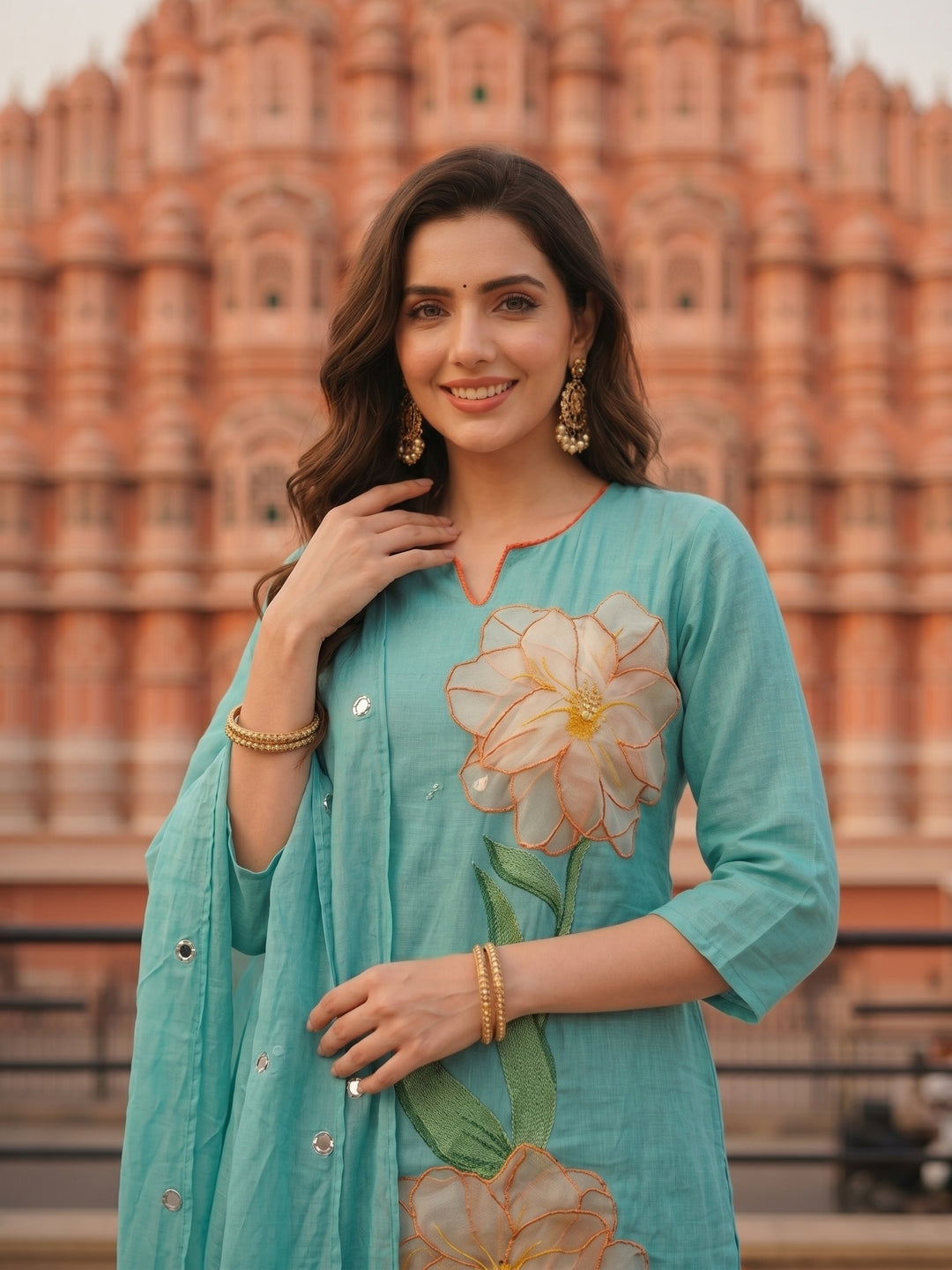 Solid Floral Appliqué Embroidered Straight Kurta with Pyjama & Dupatta - Blue
