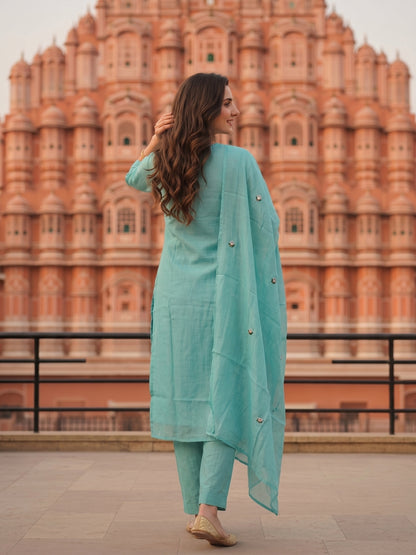 Solid Floral Appliqué Embroidered Straight Kurta with Pyjama & Dupatta - Blue