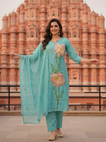 Solid Floral Appliqué Embroidered Straight Kurta with Pyjama & Dupatta - Blue