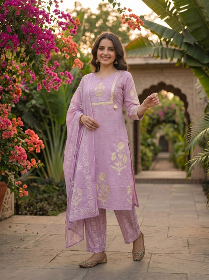 Floral Block Printed & Sequin Mirror Work Embroidered A-Line Kurta with Palazzo & Dupatta - Lavender