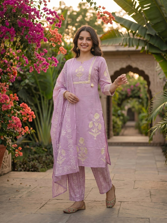 Floral Block Printed & Sequin Mirror Work Embroidered A-Line Kurta with Palazzo & Dupatta - Lavender