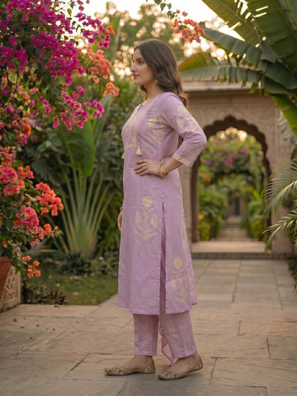 Floral Block Printed & Sequin Mirror Work Embroidered A-Line Kurta with Palazzo & Dupatta - Lavender