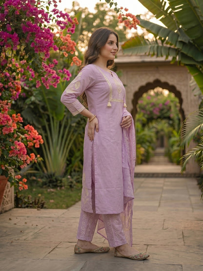 Floral Block Printed & Sequin Mirror Work Embroidered A-Line Kurta with Palazzo & Dupatta - Lavender