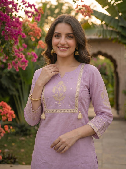 Floral Block Printed & Sequin Mirror Work Embroidered A-Line Kurta with Palazzo & Dupatta - Lavender