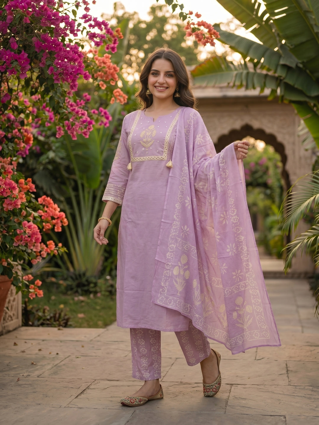 Floral Block Printed & Sequin Mirror Work Embroidered A-Line Kurta with Palazzo & Dupatta - Lavender