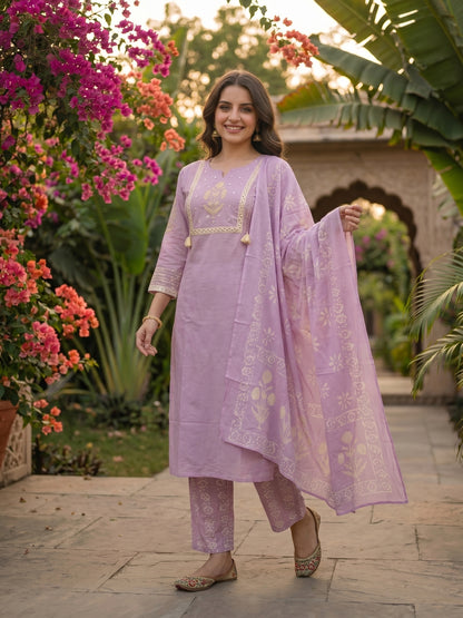 Floral Block Printed & Sequin Mirror Work Embroidered A-Line Kurta with Palazzo & Dupatta - Lavender