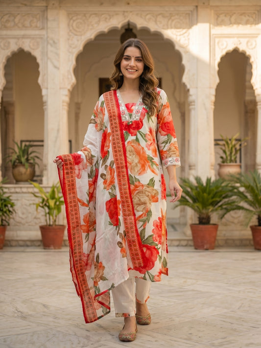 Abstract Floral Printed A-Line Kurta with Pant & Dupatta - Red