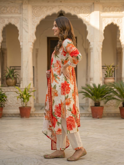 Abstract Floral Printed A-Line Kurta with Pant & Dupatta - Red