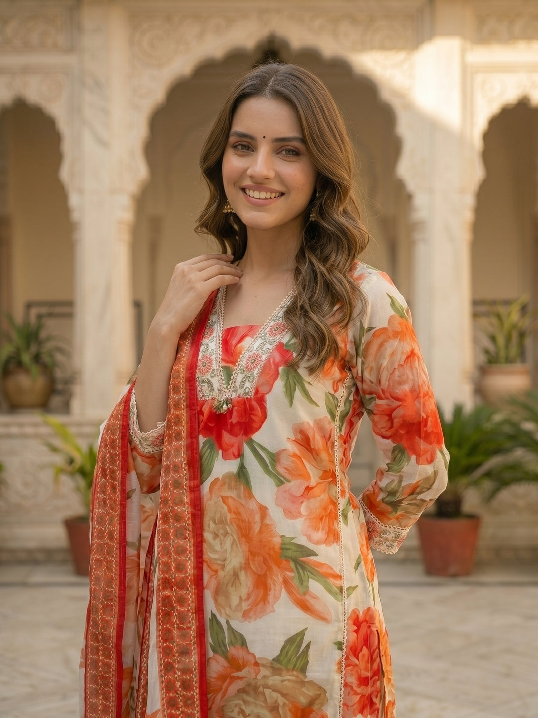 Abstract Floral Printed A-Line Kurta with Pant & Dupatta - Red