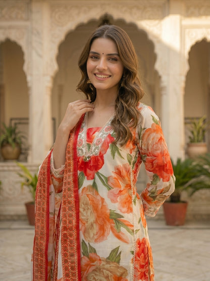 Abstract Floral Printed A-Line Kurta with Pant & Dupatta - Red