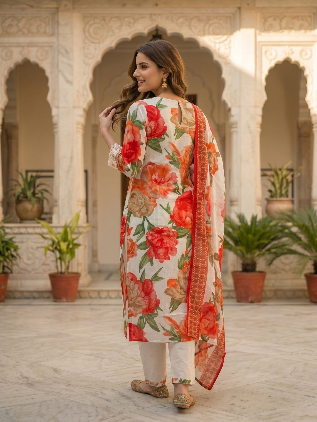 Abstract Floral Printed A-Line Kurta with Pant & Dupatta - Red