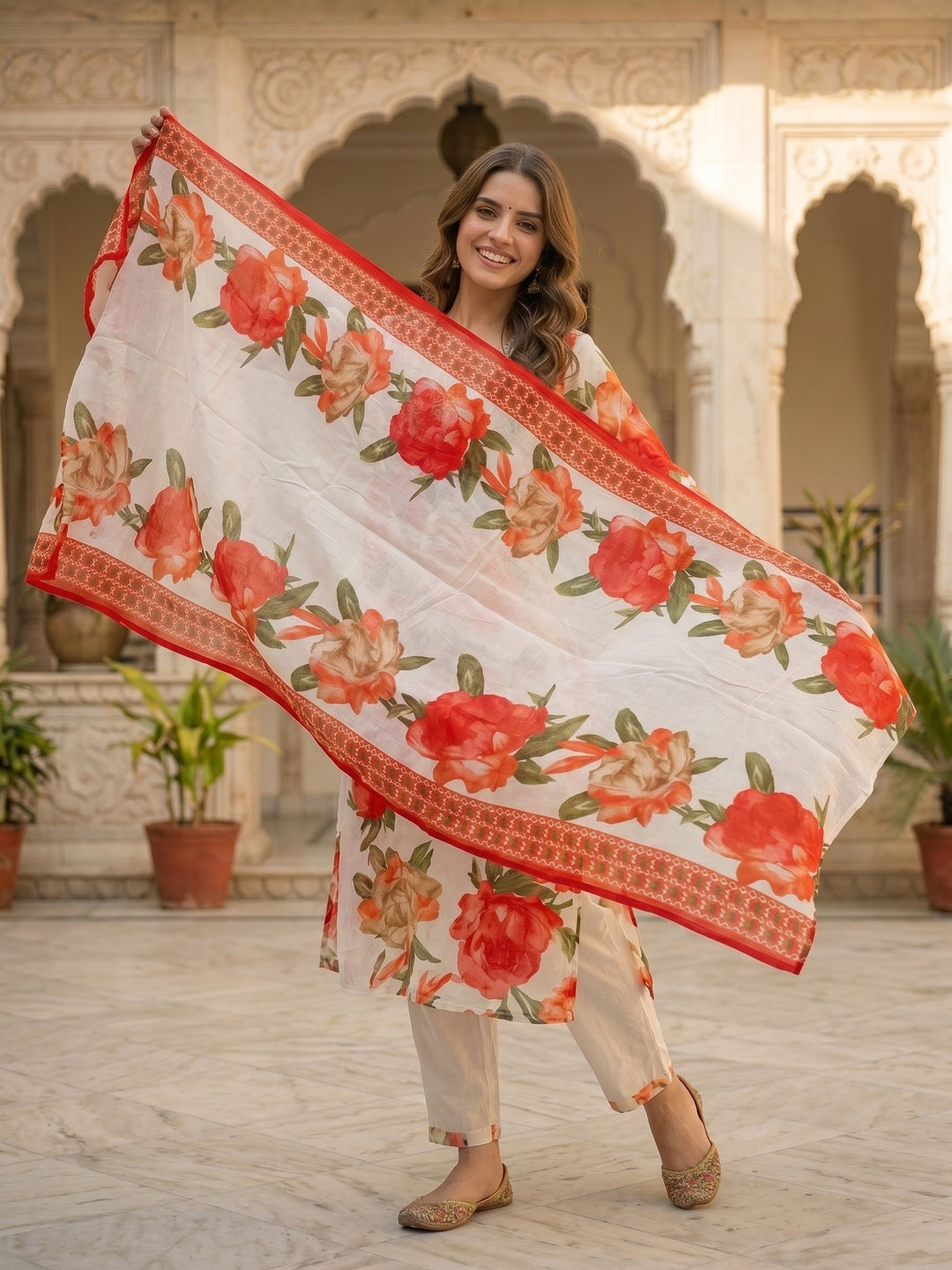 Abstract Floral Printed A-Line Kurta with Pant & Dupatta - Red