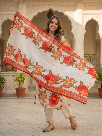 Abstract Floral Printed A-Line Kurta with Pant & Dupatta - Red