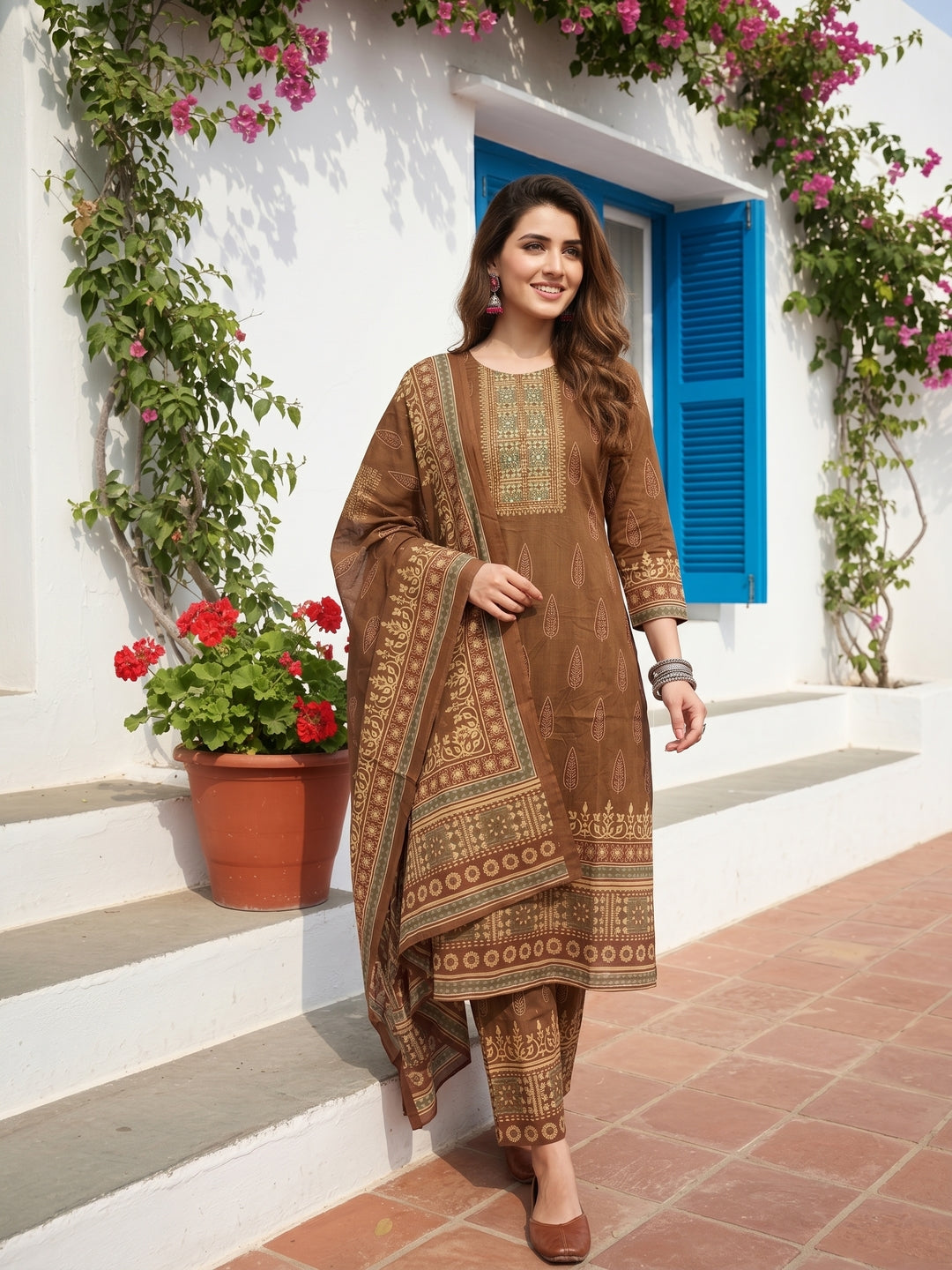 Floral Printed Embroidered Straight Kurta with Pant and Dupatta - Brown