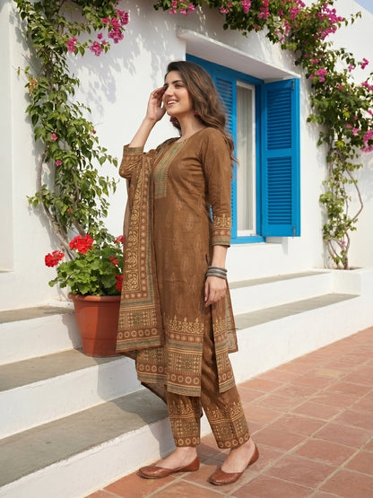 Floral Printed Embroidered Straight Kurta with Pant and Dupatta - Brown