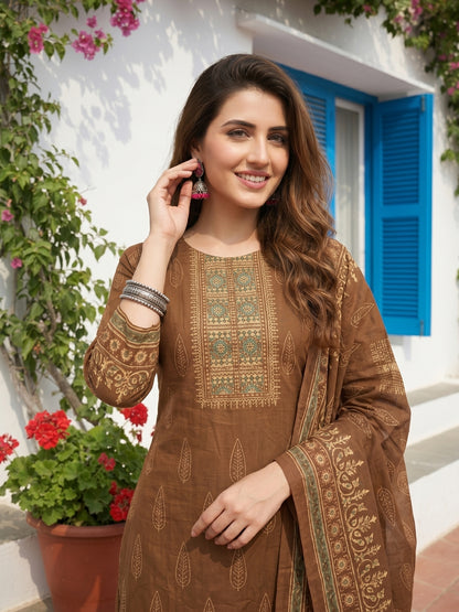Floral Printed Embroidered Straight Kurta with Pant and Dupatta - Brown