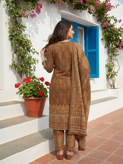 Floral Printed Embroidered Straight Kurta with Pant and Dupatta - Brown
