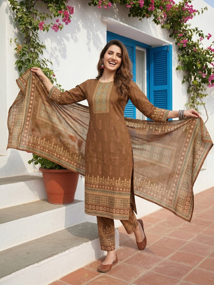 Floral Printed Embroidered Straight Kurta with Pant and Dupatta - Brown
