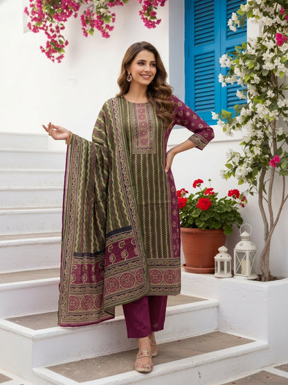 Geometric Block Printed & Mirror Work Embroidered Straight Kurta with Trouser & Dupatta - Purple
