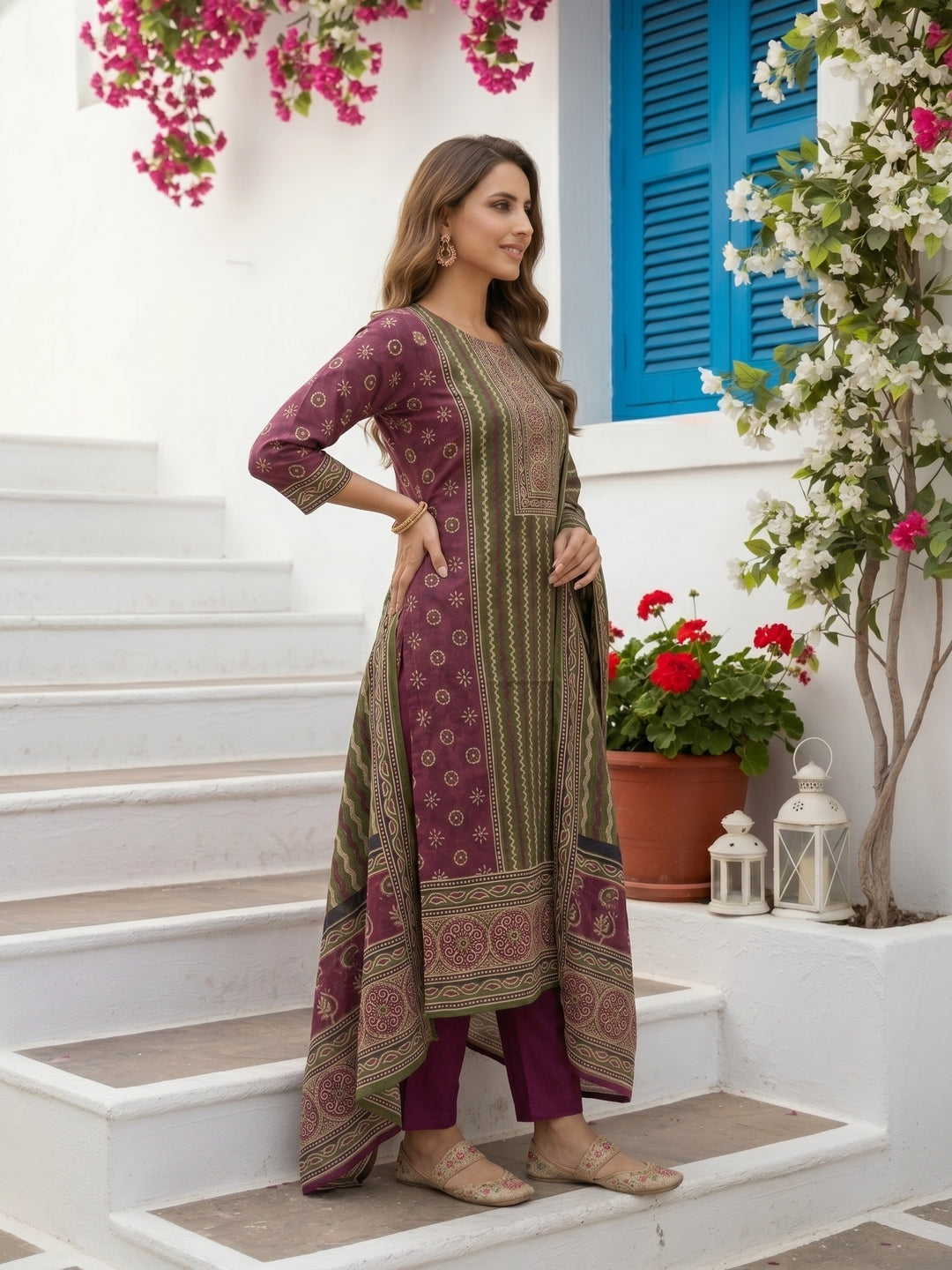 Geometric Block Printed & Mirror Work Embroidered Straight Kurta with Trouser & Dupatta - Purple