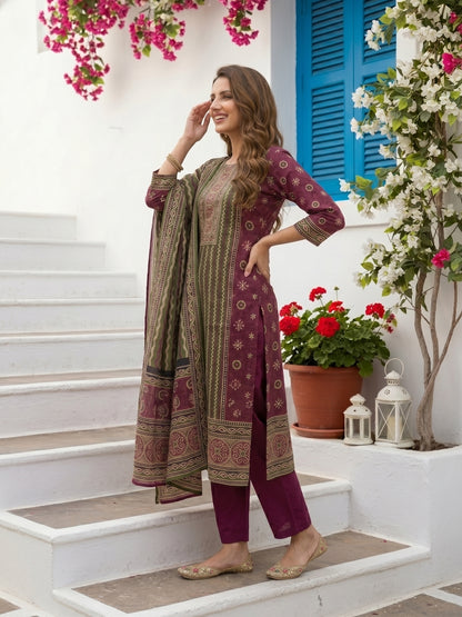 Geometric Block Printed & Mirror Work Embroidered Straight Kurta with Trouser & Dupatta - Purple