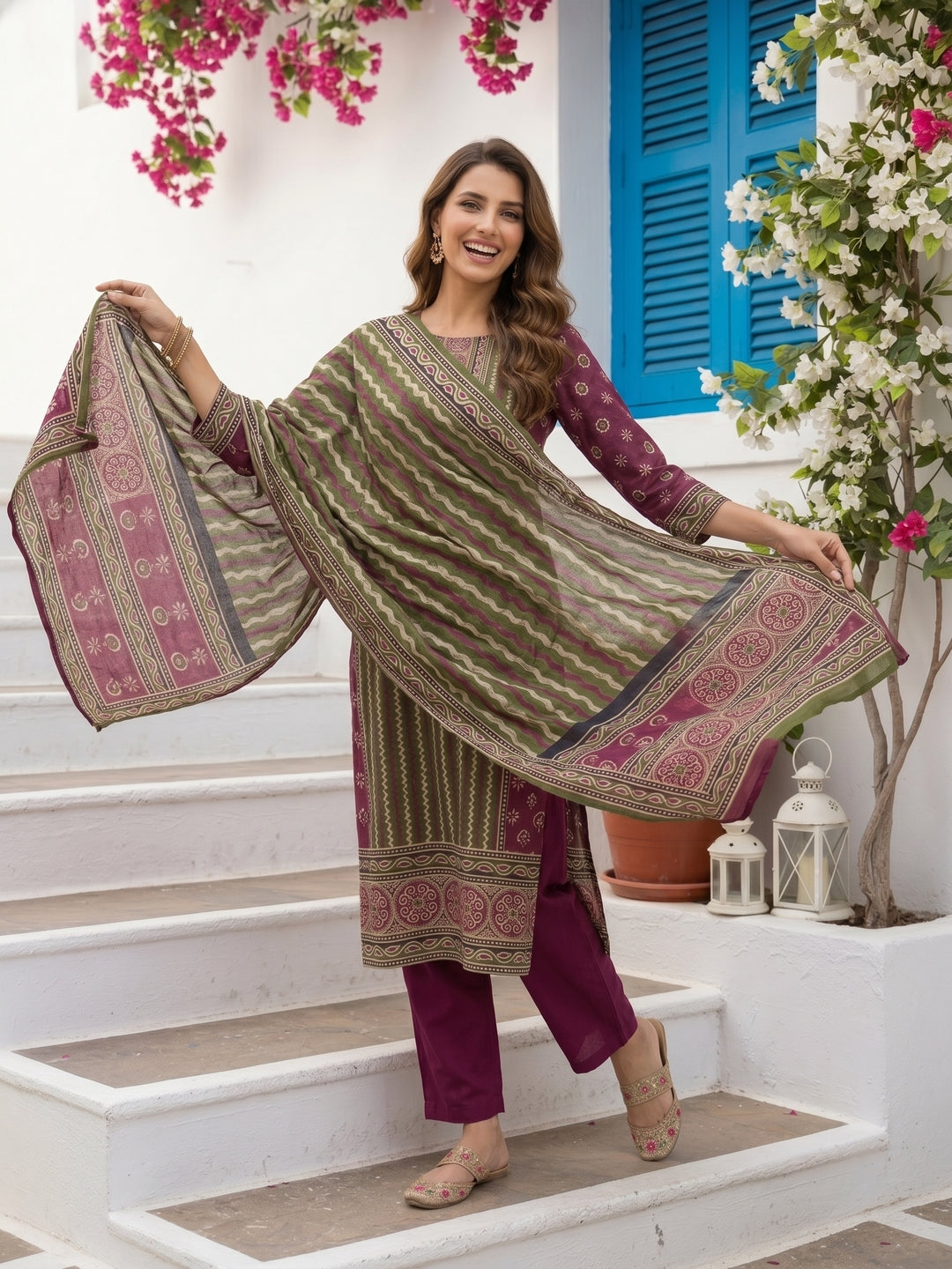 Geometric Block Printed & Mirror Work Embroidered Straight Kurta with Trouser & Dupatta - Purple