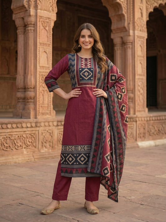 Geometric Printed Straight Kurta with Pant & Dupatta - Mauve