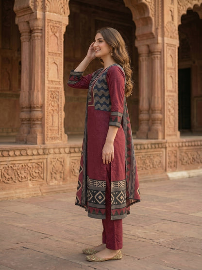 Geometric Printed Straight Kurta with Pant & Dupatta - Mauve