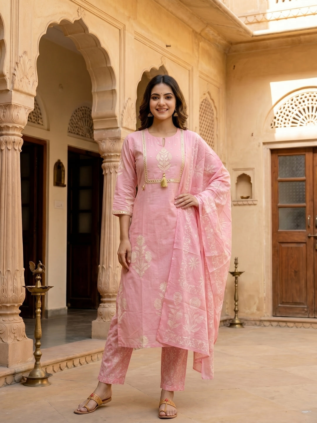 Floral Block Printed & Sequin Mirror Work Embroidered A-Line Kurta with Palazzo & Dupatta - Pink