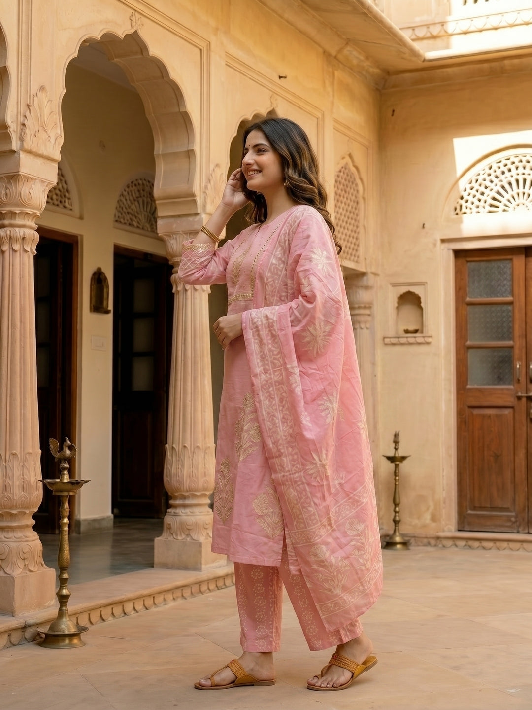Floral Block Printed & Sequin Mirror Work Embroidered A-Line Kurta with Palazzo & Dupatta - Pink