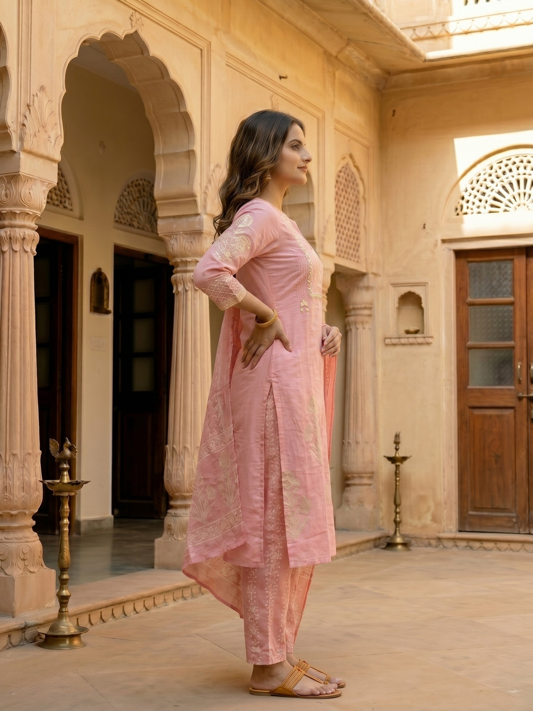 Floral Block Printed & Sequin Mirror Work Embroidered A-Line Kurta with Palazzo & Dupatta - Pink